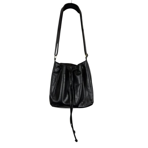 Handbags - Black Faux Leather Shoulder / Crossbody Bucket Bag with Adjustable Straps